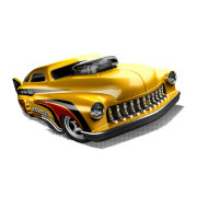 Коллекционная модель автомобиля Drag Merc 1949 - HW Showroom 2013, желтая, Hot Wheels, Mattel [X1858]