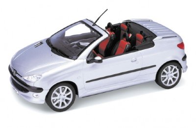 Модель автомобиля Peugeot 206 CC, серебристая, 1:24, Welly [22413W] Модель автомобиля Peugeot 206 CC, серебристая, 1:24, Welly [22413W]