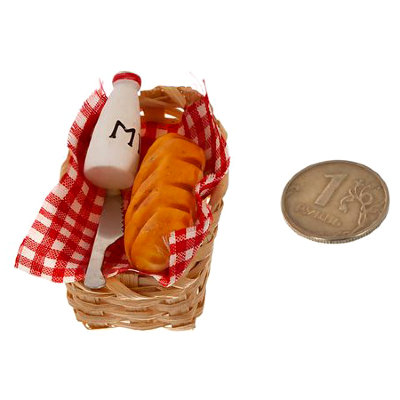 Кукольная миниатюра &#039;Корзина с хлебом и молоком&#039;, 1:12, Art of Mini [AM0101034] Кукольная миниатюра 'Корзина с хлебом и молоком', 1:12, Art of Mini [AM0101034]