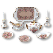 Набор кукольной посуды 'Комплект посуды со свечами, с рисунком из роз', фарфор, 1:12, Reutter Porzellan [013848]